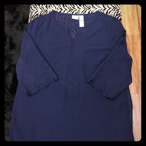 •Chico’s Embroidered Sheer Navy Blue Tunic Blouse